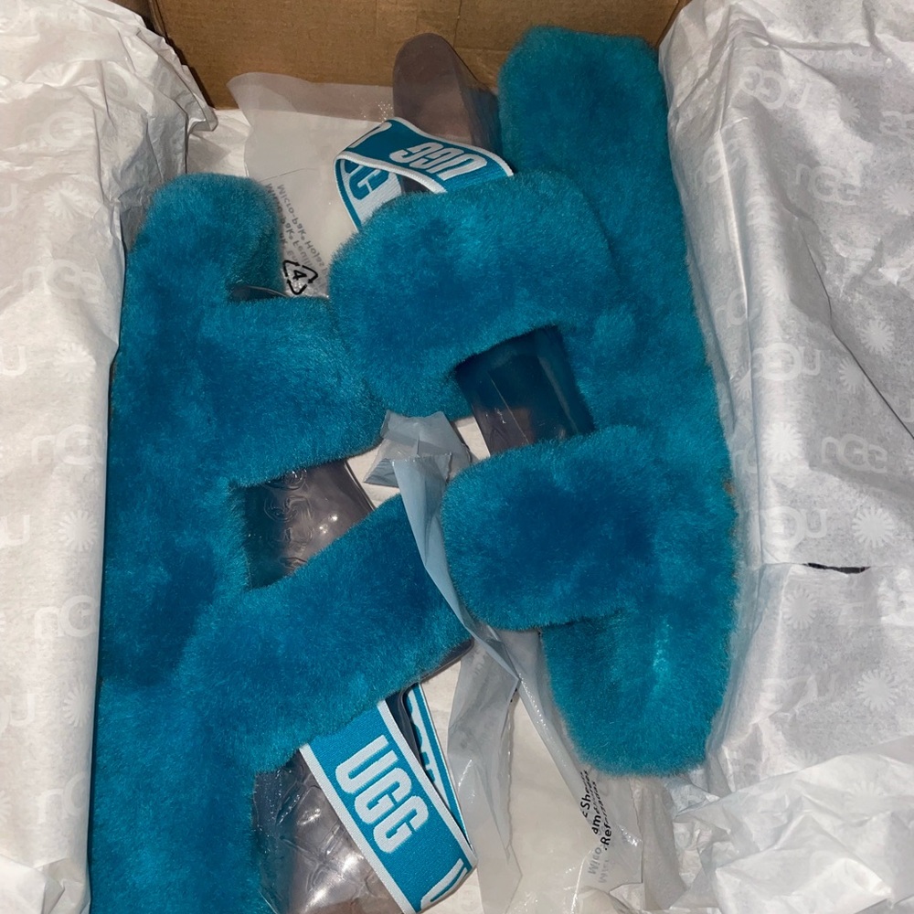 UGG Teal Fluffy Slide Slippers